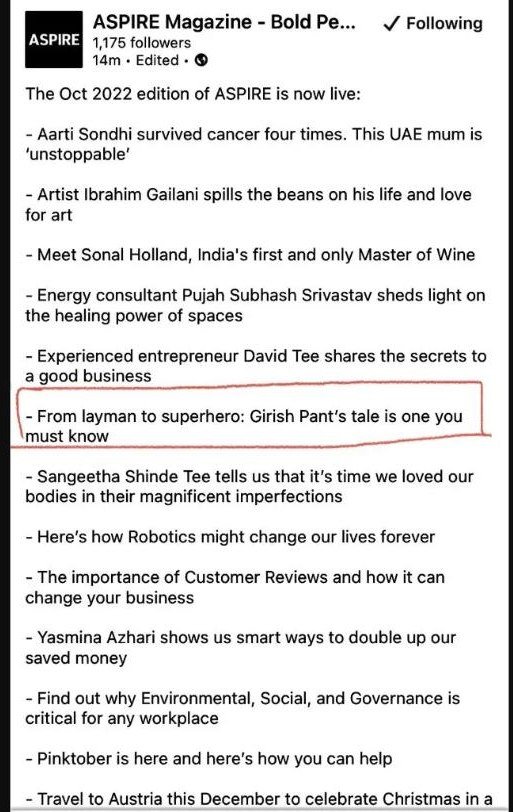 ASPIRE Magazine October 2022 edition listing Girish Pant’s tale as a featured story